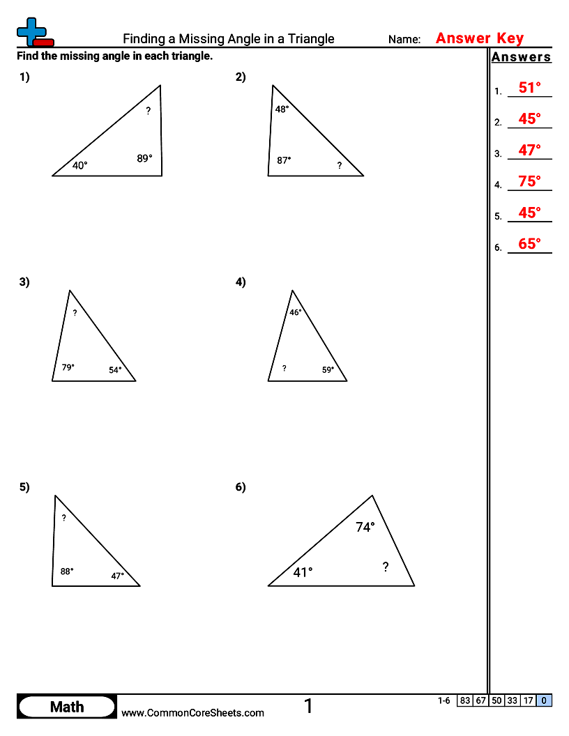 Angles Worksheets - Finding a Missing Angle in a Triangle worksheet