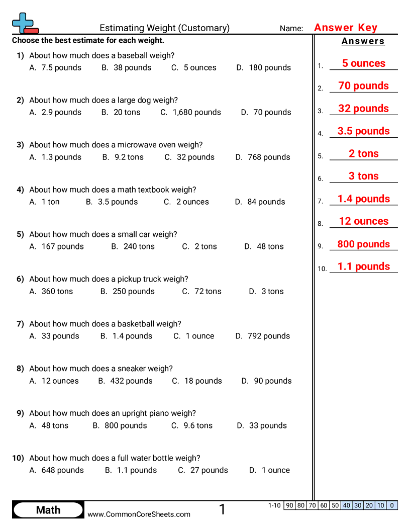Weight Worksheets - Estimating Weight (Customary) worksheet
