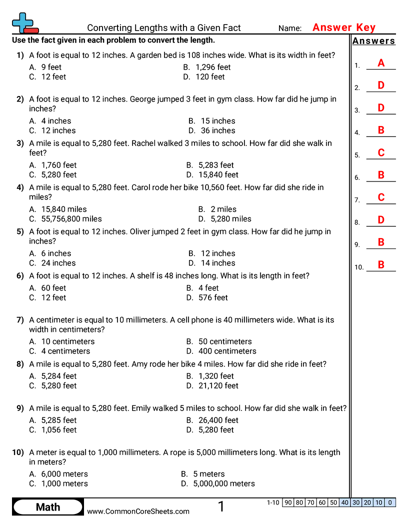 CCSS 5.MD.1 Worksheets - Converting Lengths with a Given Fact worksheet