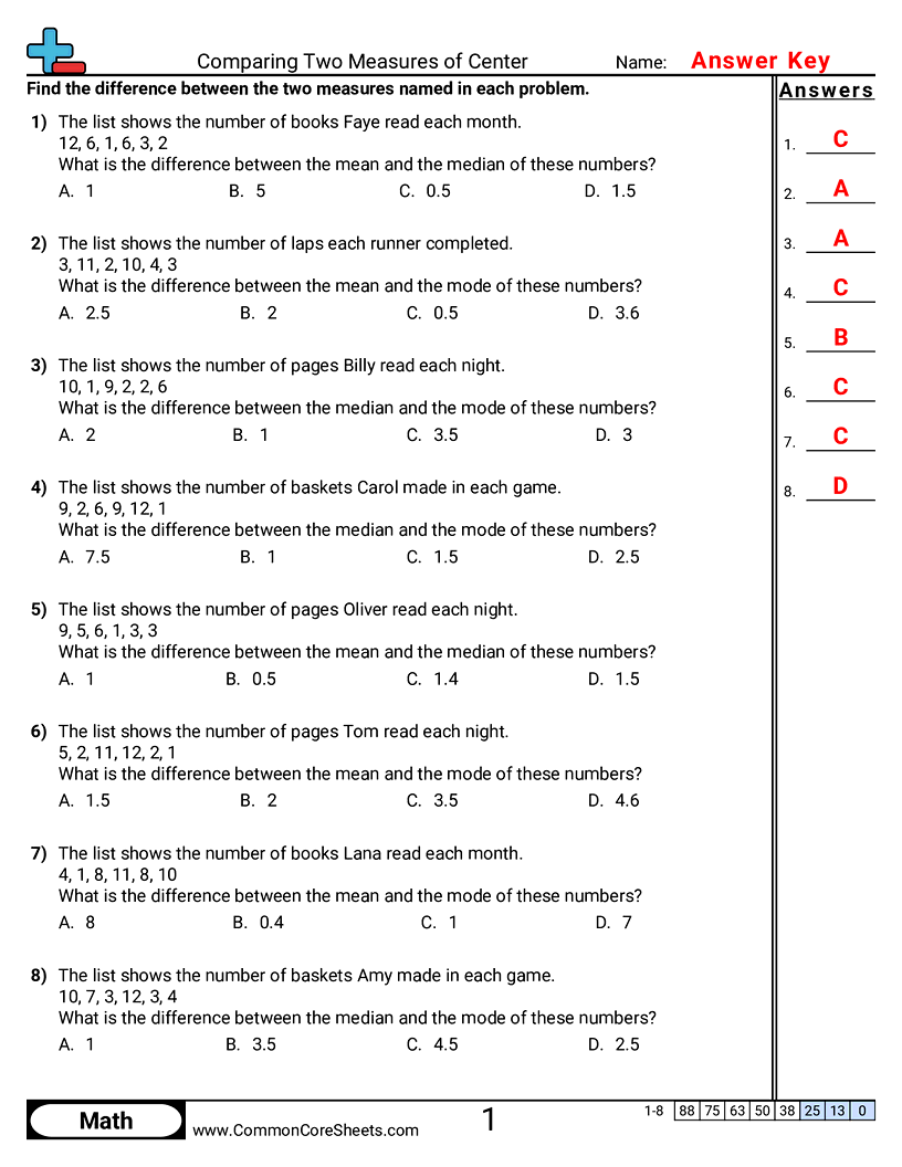 CCSS 6.SP.3 Worksheets - Comparing Two Measures of Center worksheet