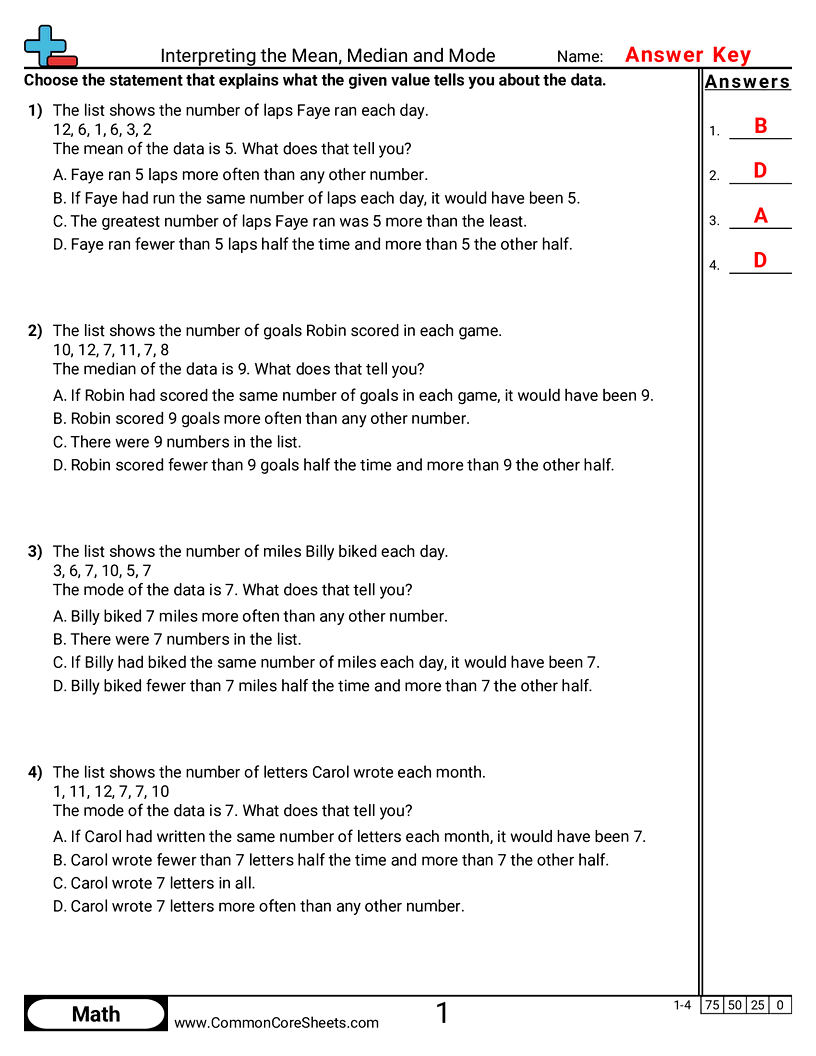 CCSS 6.SP.3 Worksheets - Interpreting the Mean, Median and Mode worksheet