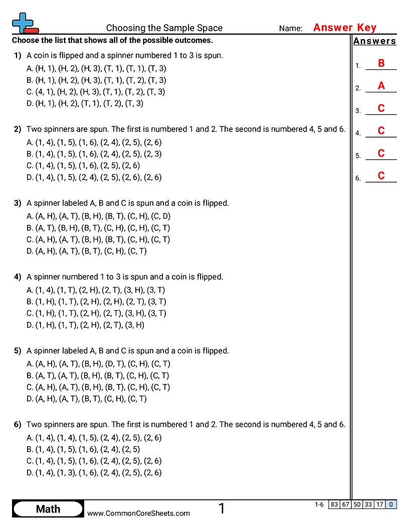 CCSS 7.SP.8B Worksheets - Choosing the Sample Space worksheet