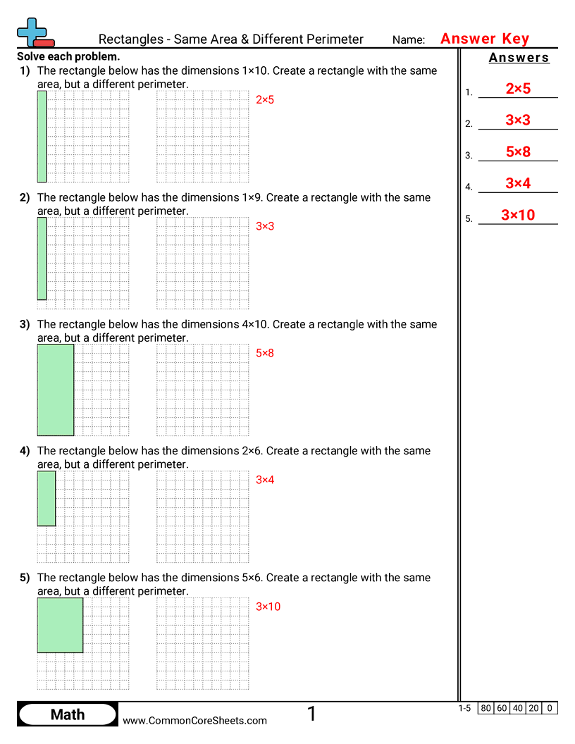 Area & Perimeter Worksheets - rectangles-same-area-different-perimeter worksheet