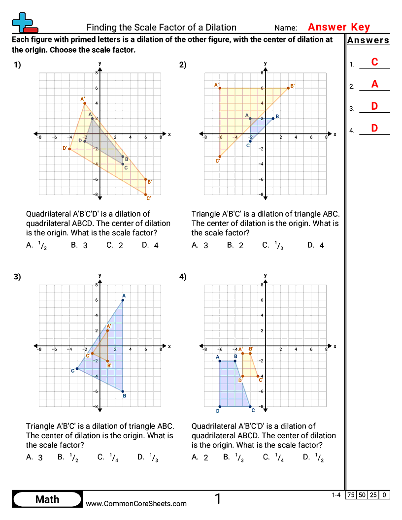 CCSS 8.G.3 Worksheets - Finding the Scale Factor of a Dilation worksheet