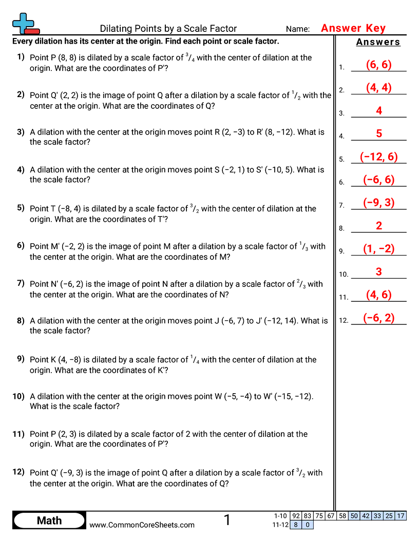 CCSS 8.G.3 Worksheets - Dilating Points by a Scale Factor worksheet
