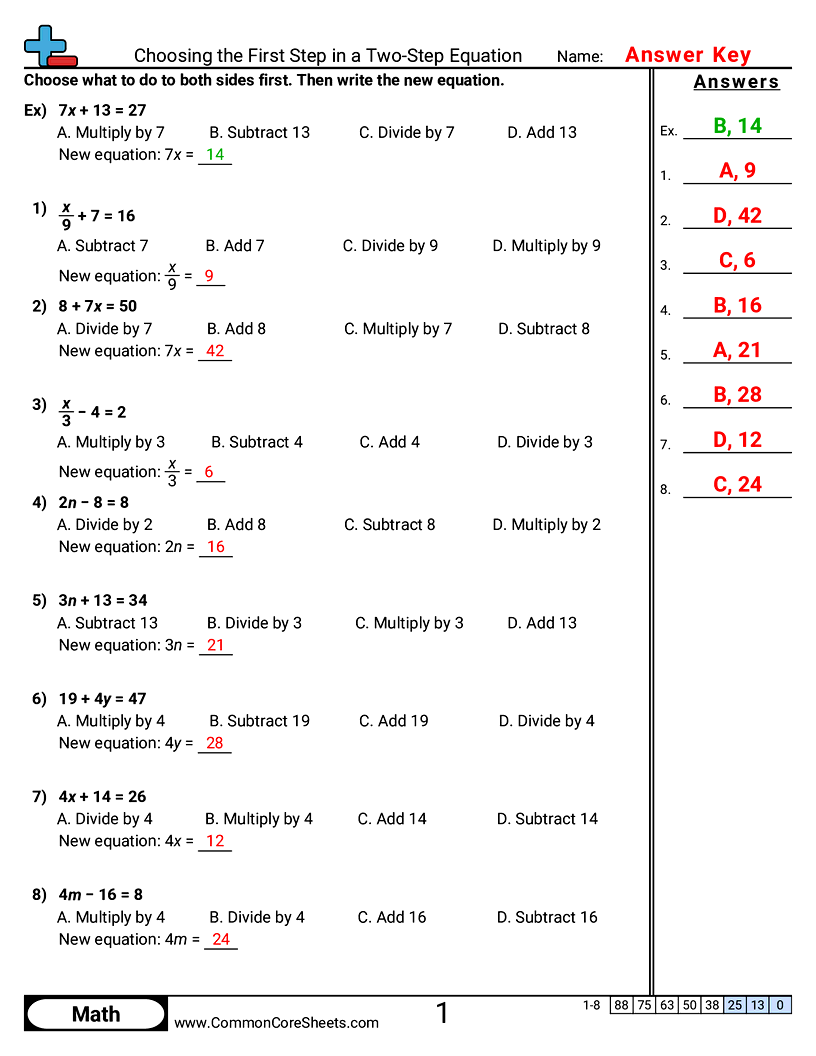 Algebra Worksheets - Choosing the First Step in a Two-Step Equation worksheet