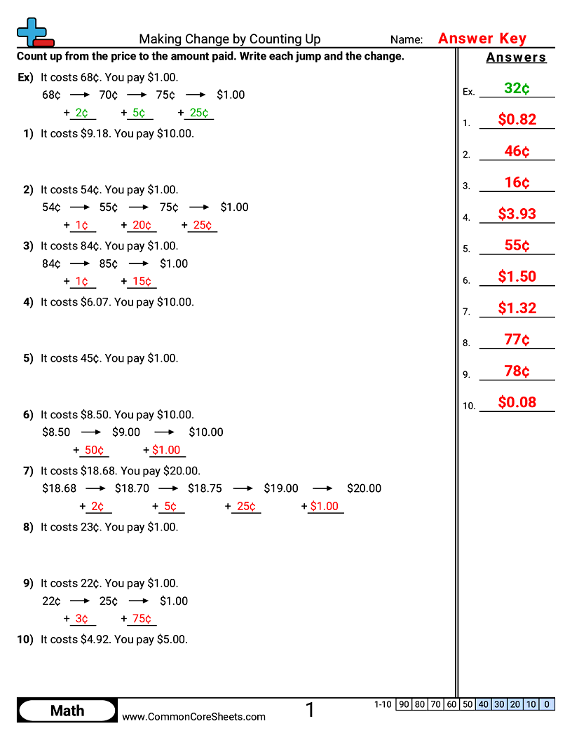 Making Change by Counting Up worksheet preview