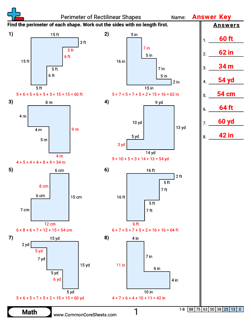 3rd Grade Area & Perimeter Worksheets - Perimeter of Rectilinear Shapes worksheet