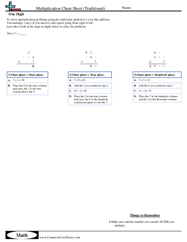 Cheat Sheets - multiplication-1-digit-traditional worksheet
