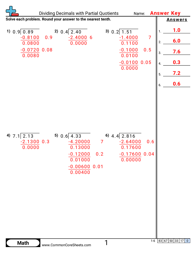 Decimal Worksheets - dividing-decimals-with-partial-quotients worksheet