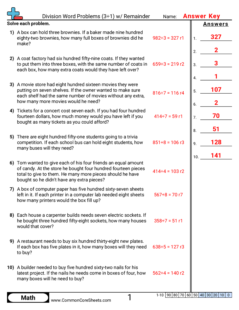 Division Worksheets - 3-d-1-with-remainder worksheet