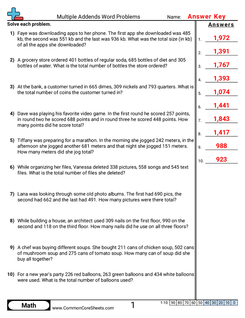 Addition Worksheets - multiple-addends-3-digits-word worksheet