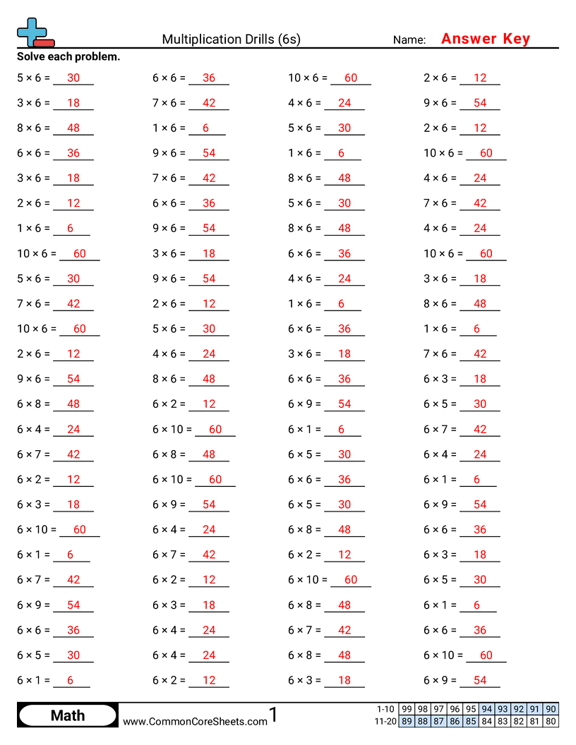 Multiplication Worksheets - 6s-horizontal worksheet