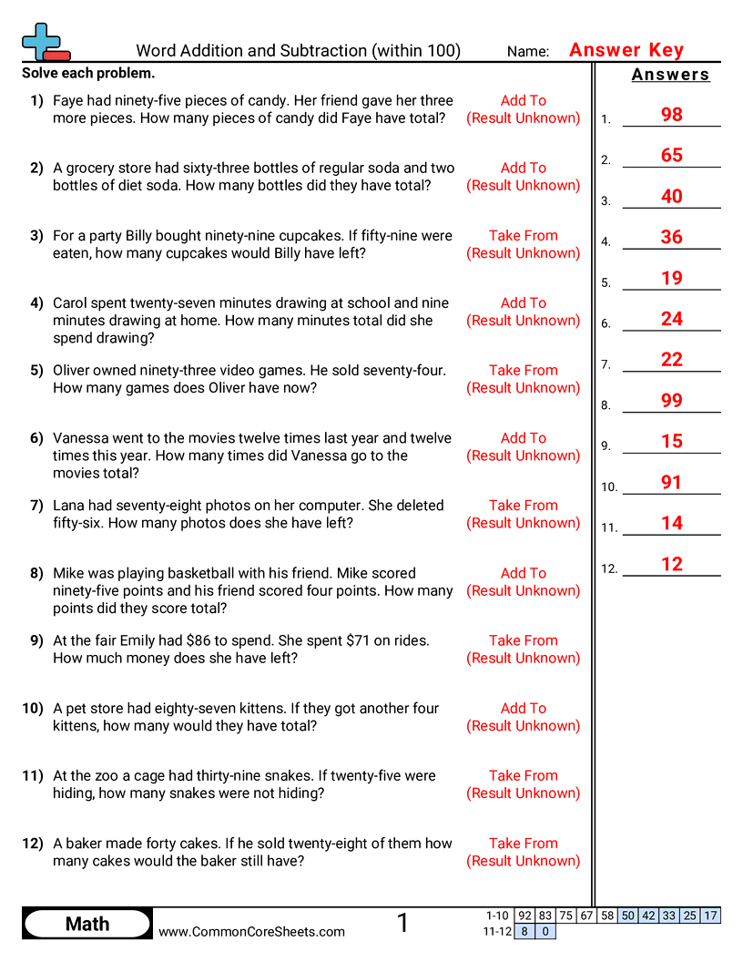 Addition Worksheets - word-addition-within-100 worksheet