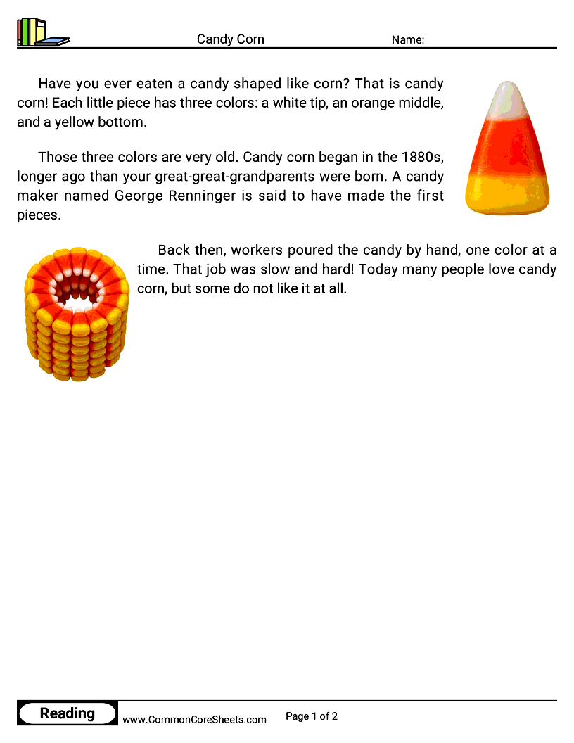 1st Grade 31 Days of Halloween Reading - Candy Corn worksheet