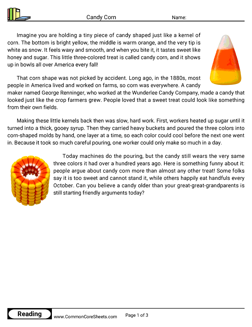 3rd Grade 31 Days of Halloween Reading - Candy Corn worksheet