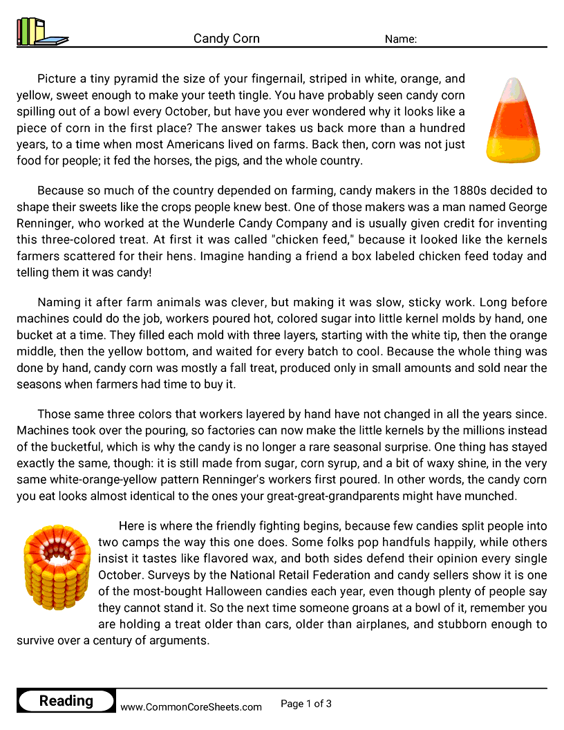 5th Grade 31 Days of Halloween Reading - Candy Corn worksheet