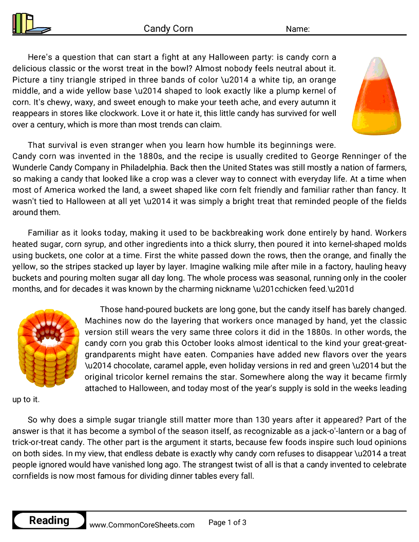 6th Grade 31 Days of Halloween Reading - Candy Corn worksheet
