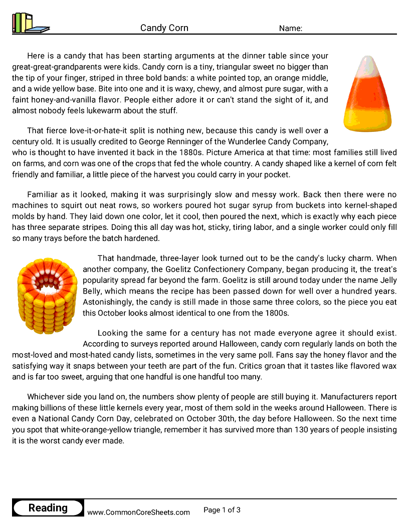 7th Grade 31 Days of Halloween Reading - Candy Corn worksheet