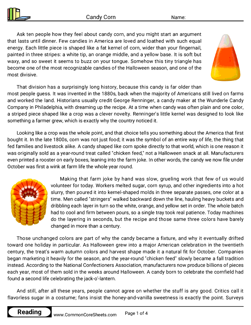 8th Grade 31 Days of Halloween Reading - Candy Corn worksheet
