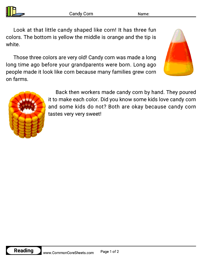 Kindergarten 31 Days of Halloween Reading - Candy Corn worksheet