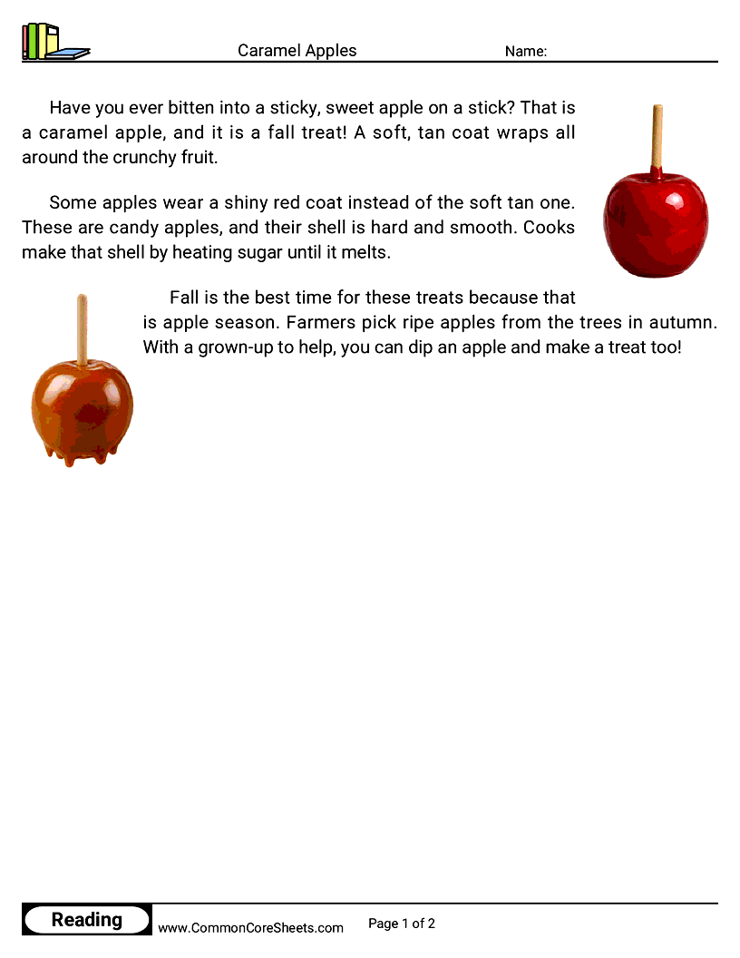 1st Grade 31 Days of Halloween Reading - Caramel Apples worksheet