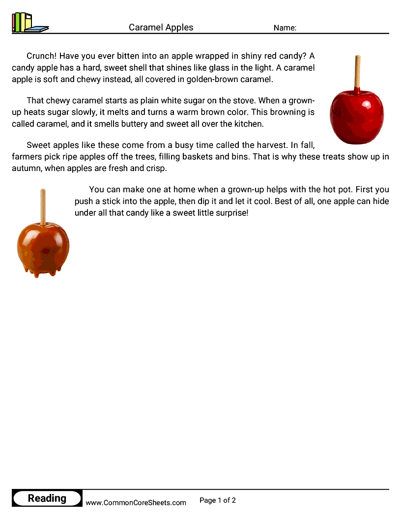 2nd Grade 31 Days of Halloween Reading - Caramel Apples worksheet