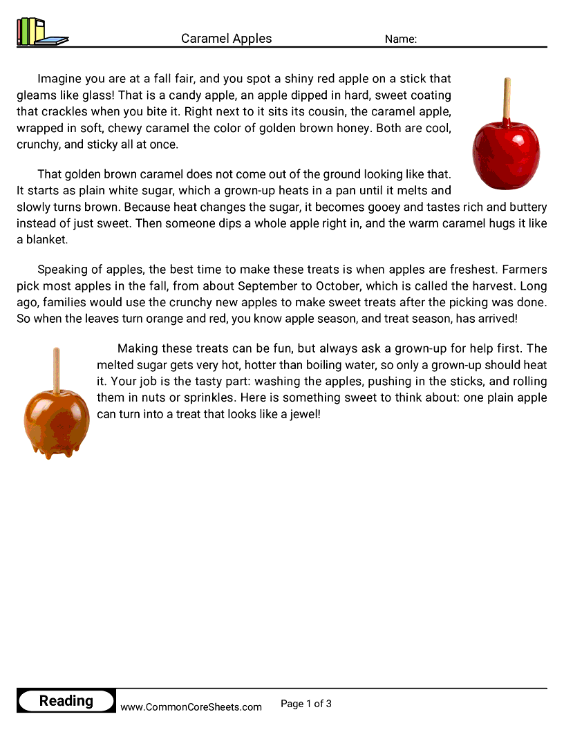 3rd Grade 31 Days of Halloween Reading - Caramel Apples worksheet