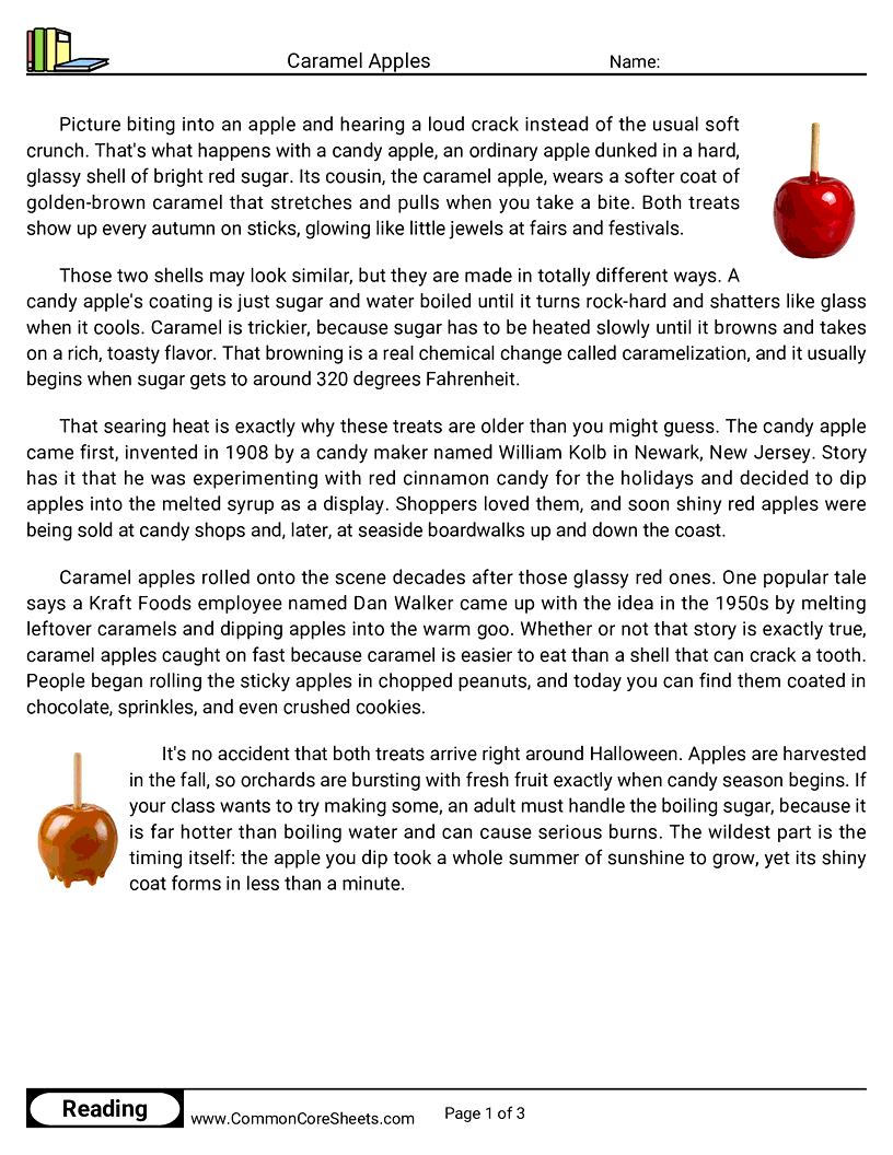 5th Grade 31 Days of Halloween Reading - Caramel Apples worksheet