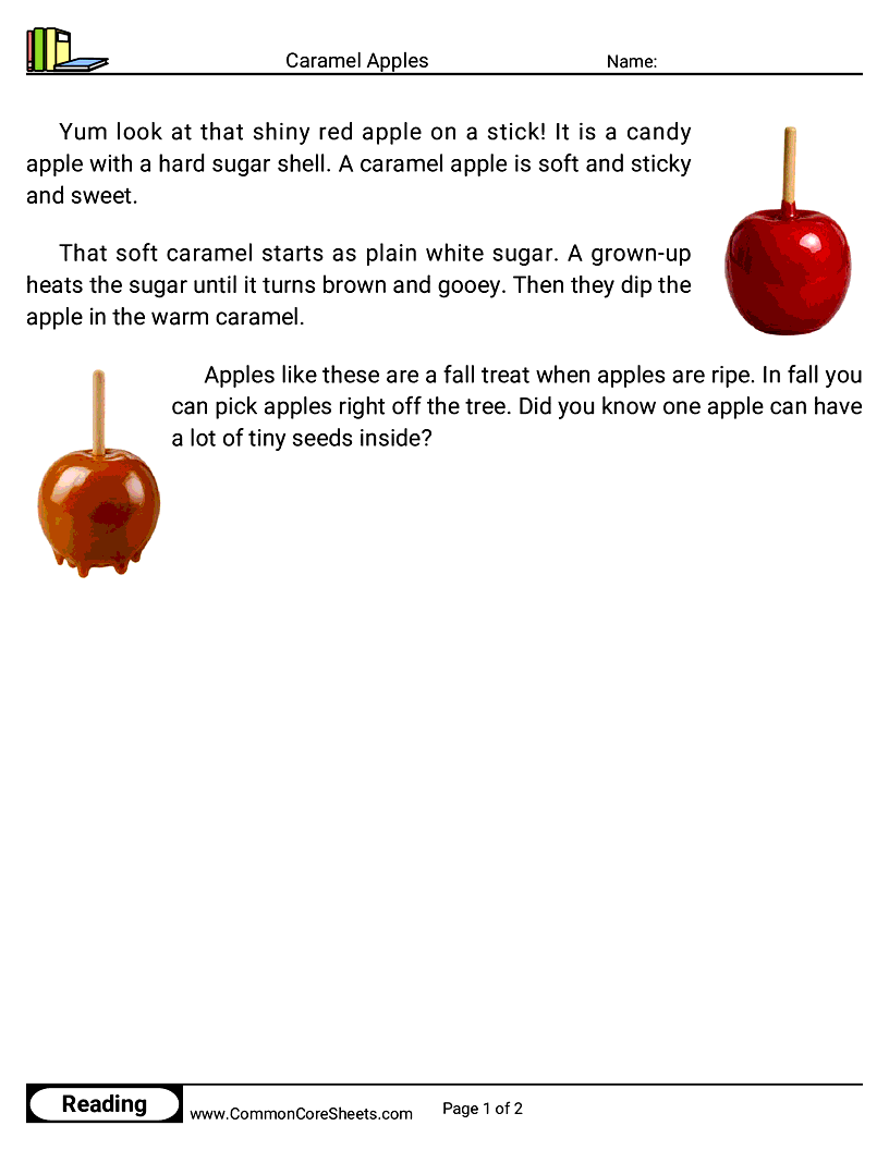 Kindergarten 31 Days of Halloween Reading - Caramel Apples worksheet