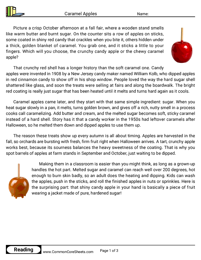 31 Days of Halloween Reading - Caramel Apples worksheet