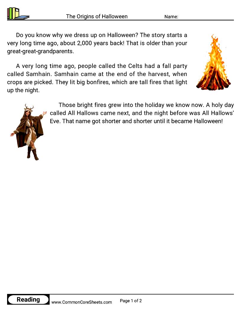 1st Grade 31 Days of Halloween Reading - The Origins of Halloween worksheet