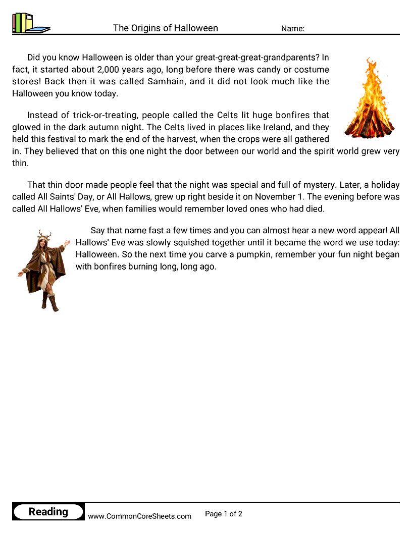 2nd Grade 31 Days of Halloween Reading - The Origins of Halloween worksheet