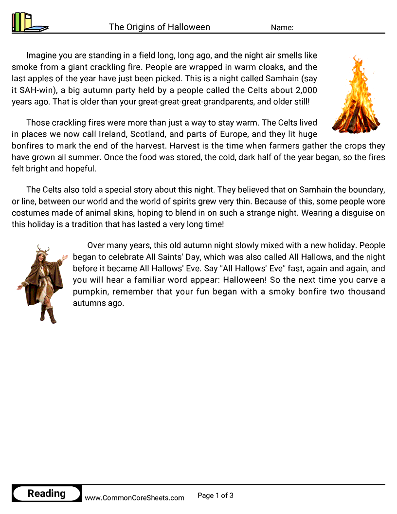 3rd Grade 31 Days of Halloween Reading - The Origins of Halloween worksheet