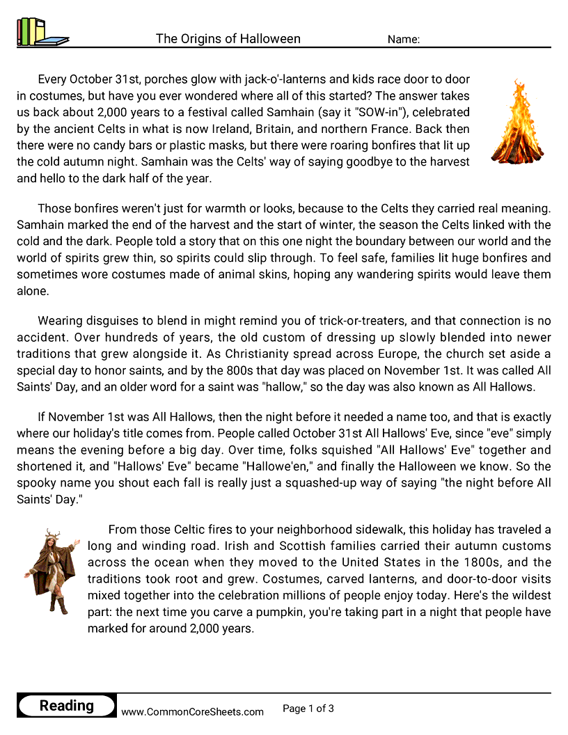 5th Grade 31 Days of Halloween Reading - The Origins of Halloween worksheet