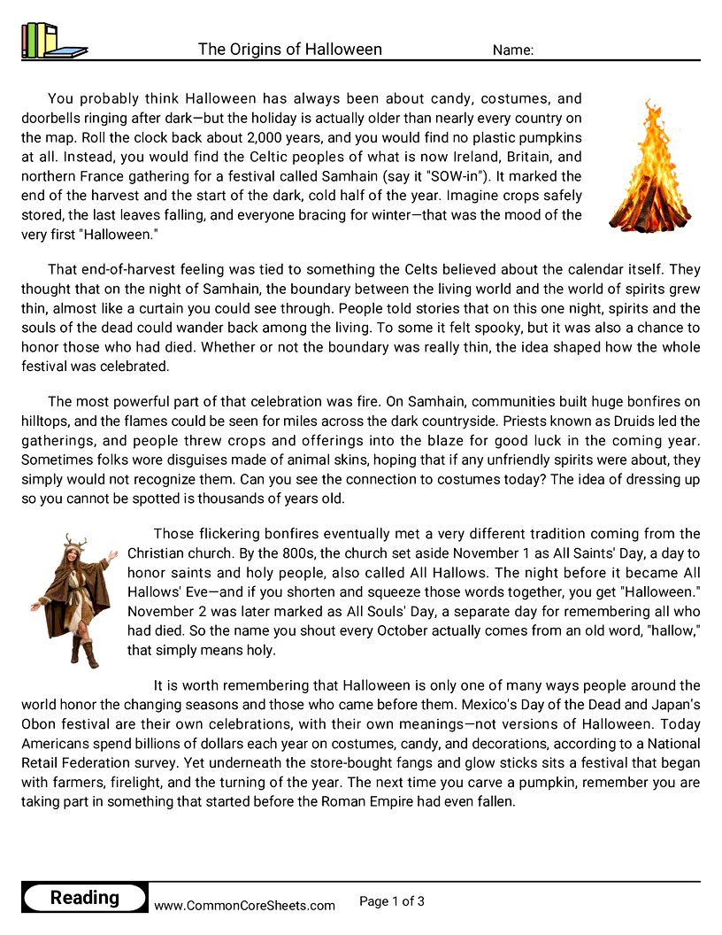 6th Grade 31 Days of Halloween Reading - The Origins of Halloween worksheet