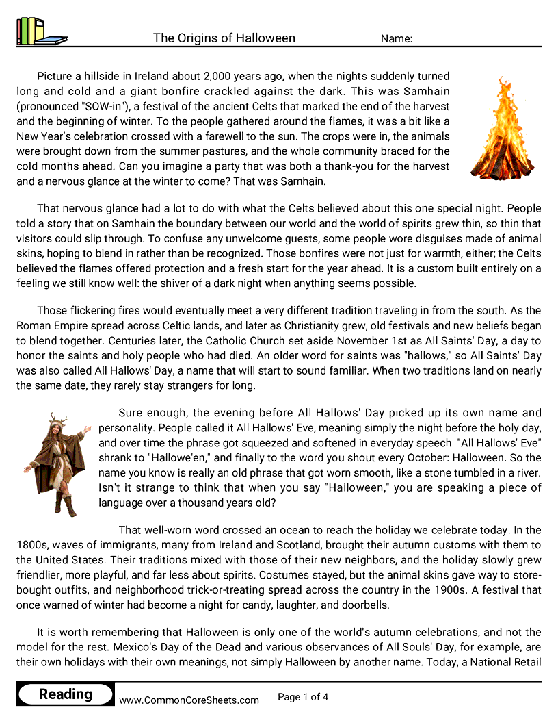 7th Grade 31 Days of Halloween Reading - The Origins of Halloween worksheet