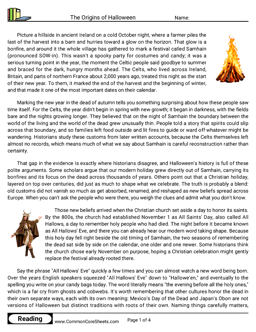 8th Grade 31 Days of Halloween Reading - The Origins of Halloween worksheet