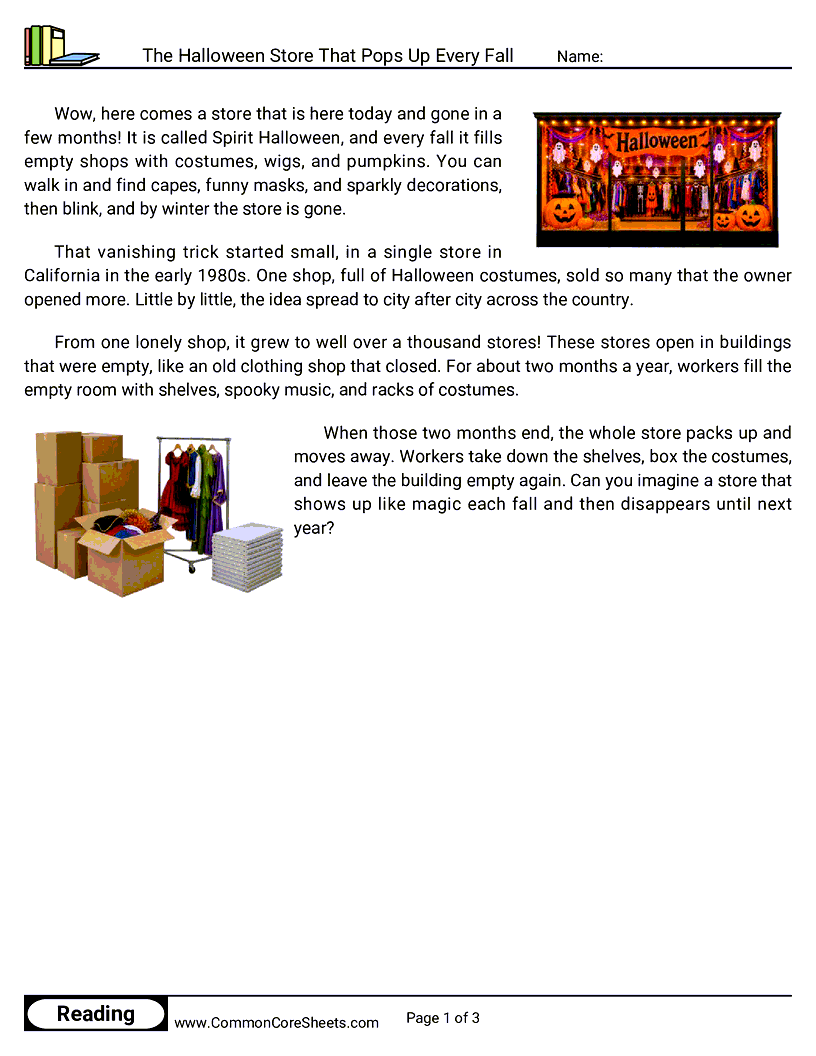 2nd Grade 31 Days of Halloween Reading - The Halloween Store That Pops Up Every Fall worksheet