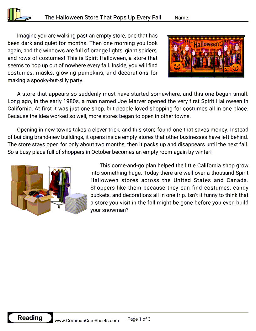 3rd Grade 31 Days of Halloween Reading - The Halloween Store That Pops Up Every Fall worksheet