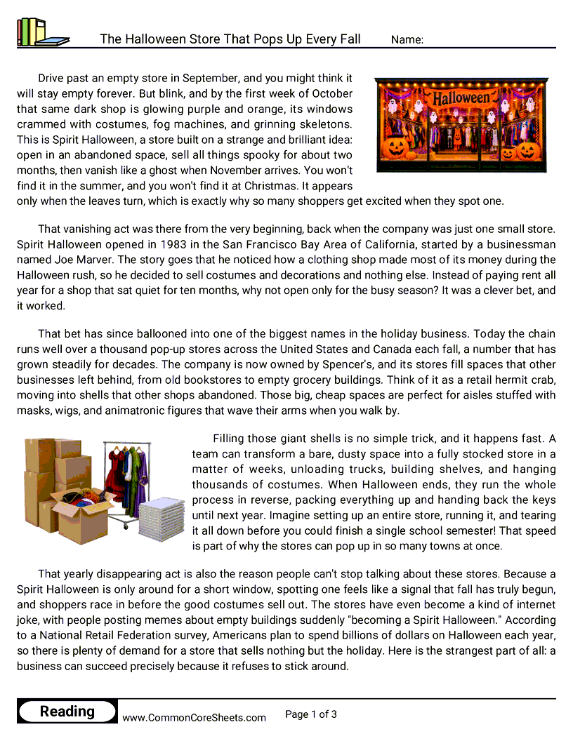 6th Grade 31 Days of Halloween Reading - The Halloween Store That Pops Up Every Fall worksheet