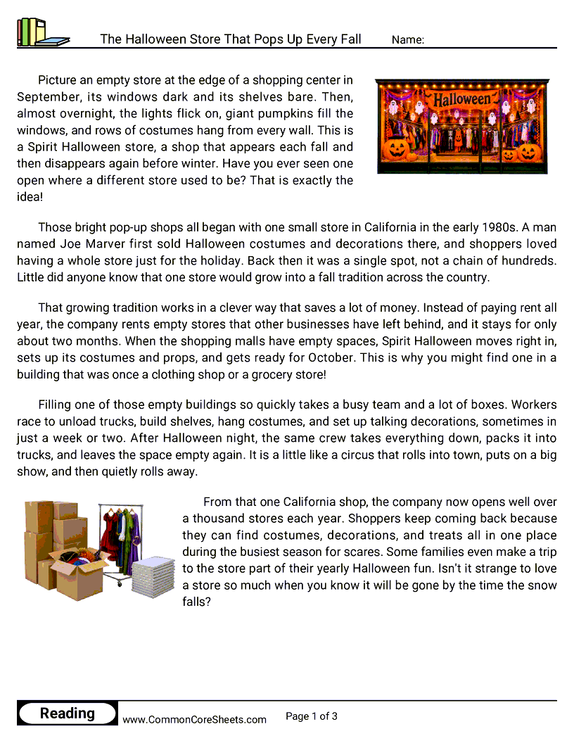 31 Days of Halloween Reading - The Halloween Store That Pops Up Every Fall worksheet