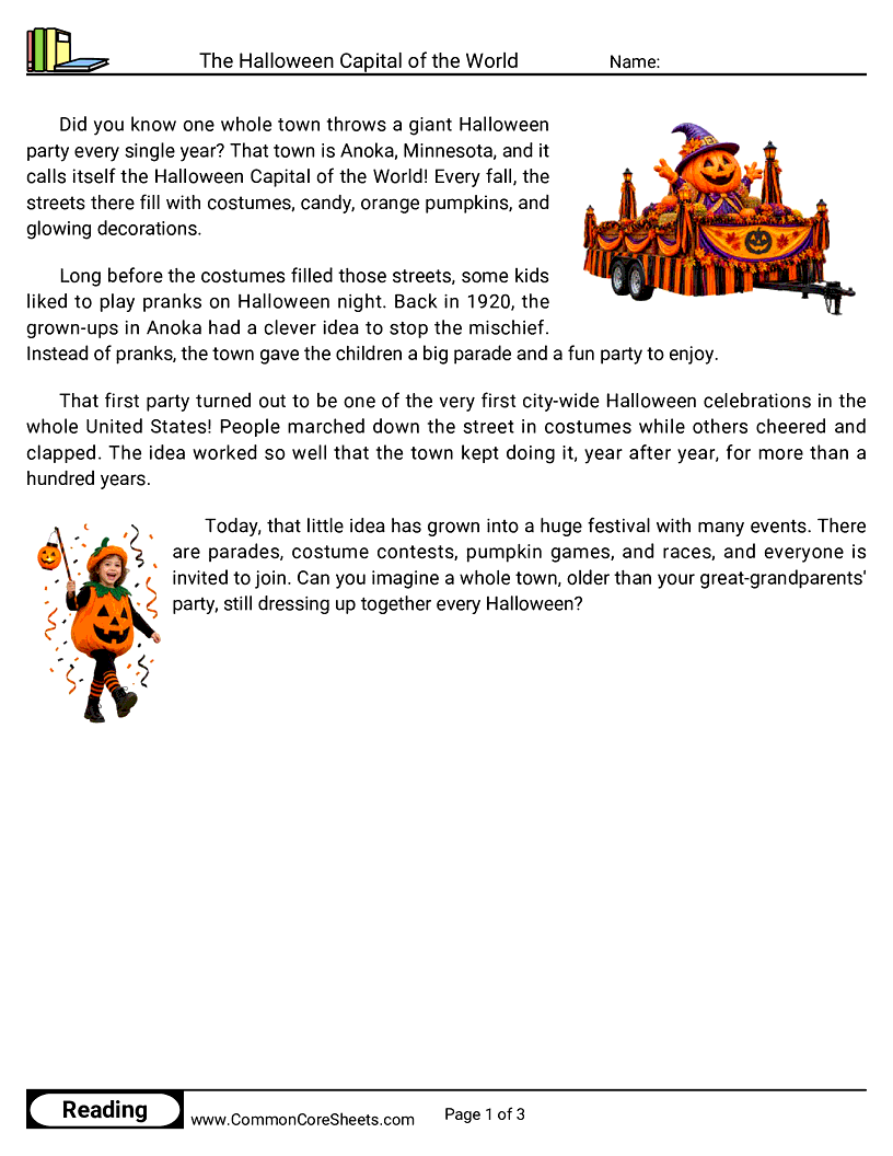 2nd Grade 31 Days of Halloween Reading - The Halloween Capital of the World worksheet