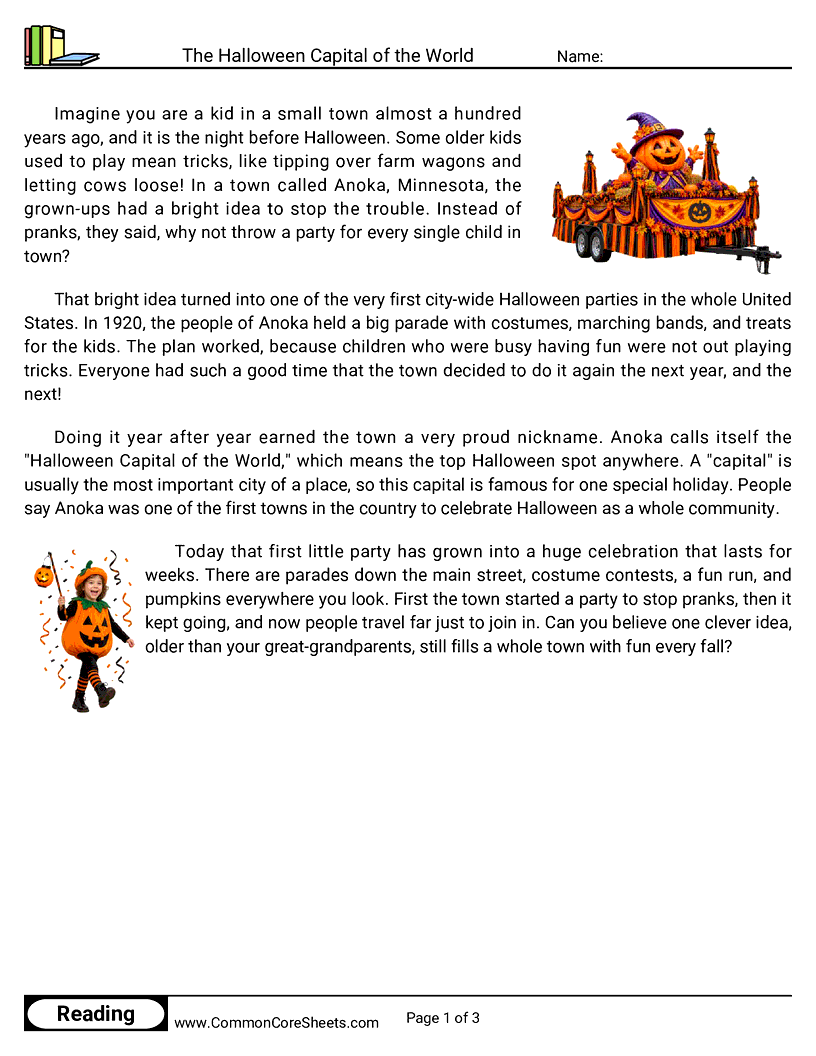 3rd Grade 31 Days of Halloween Reading - The Halloween Capital of the World worksheet
