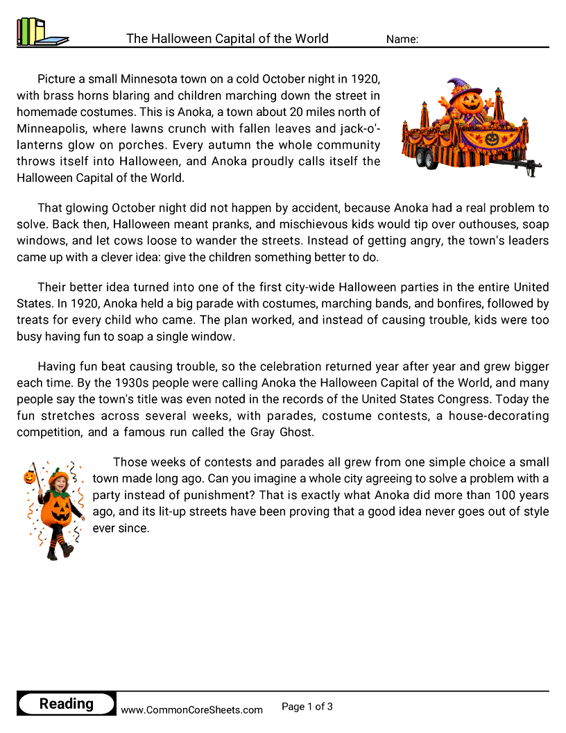 4th Grade 31 Days of Halloween Reading - The Halloween Capital of the World worksheet