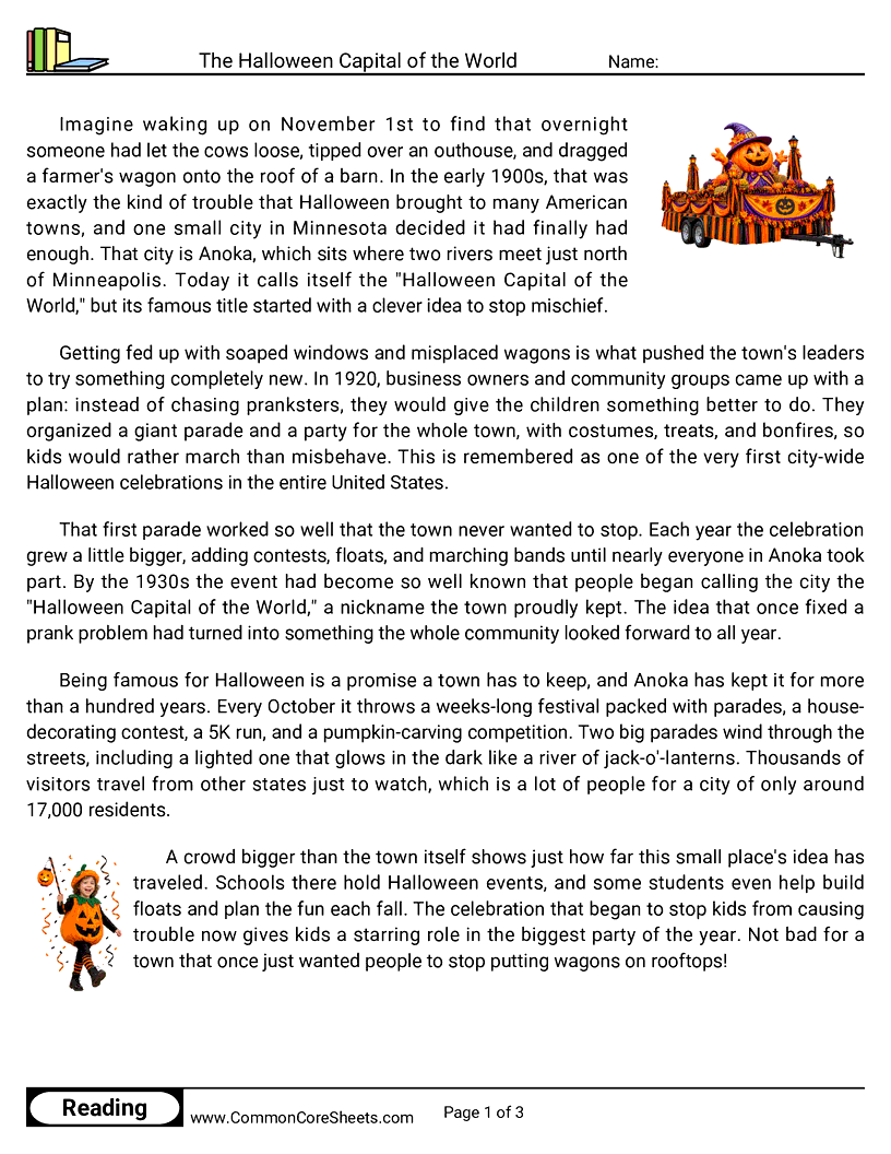 5th Grade 31 Days of Halloween Reading - The Halloween Capital of the World worksheet