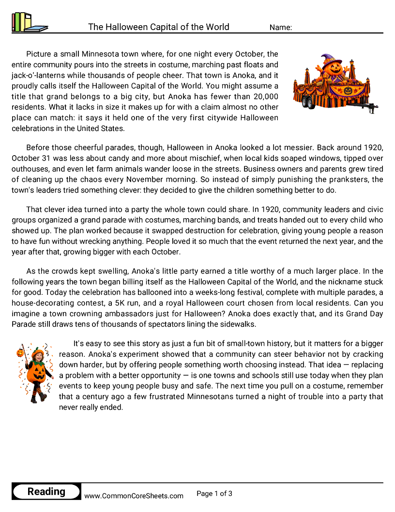 6th Grade 31 Days of Halloween Reading - The Halloween Capital of the World worksheet