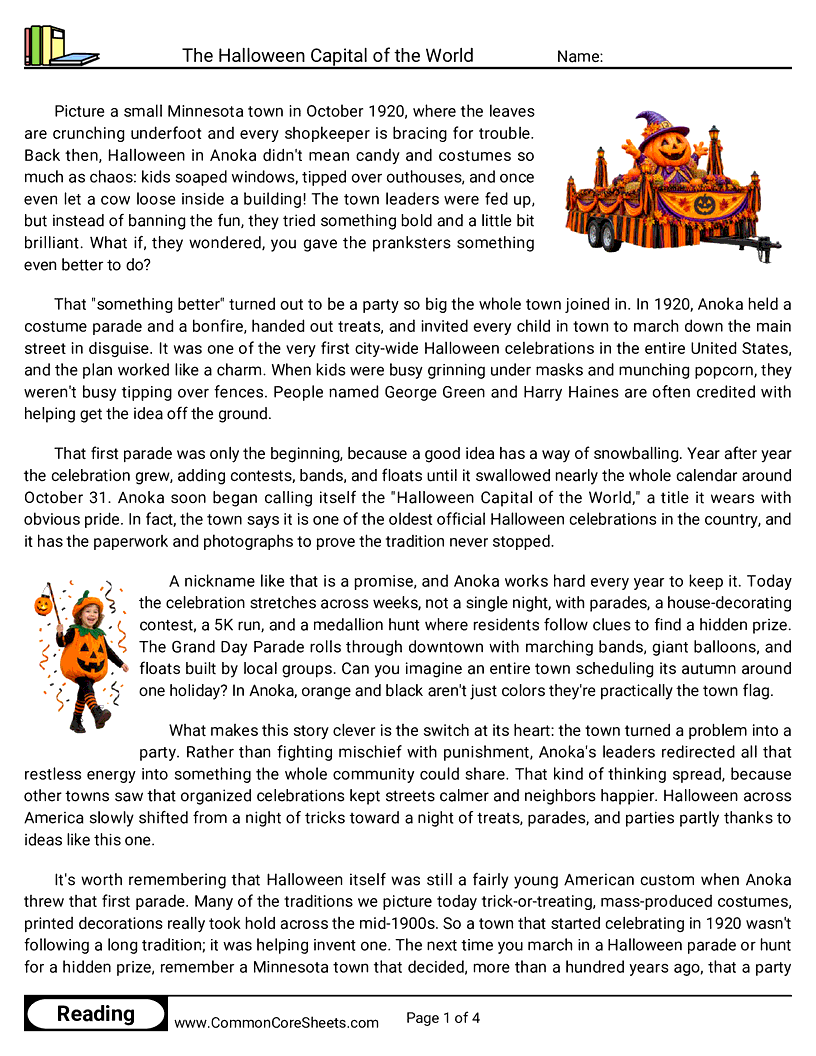 7th Grade 31 Days of Halloween Reading - The Halloween Capital of the World worksheet