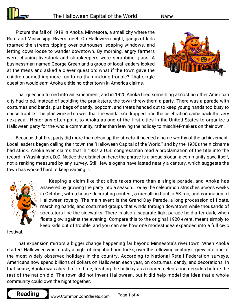 8th Grade 31 Days of Halloween Reading - The Halloween Capital of the World worksheet