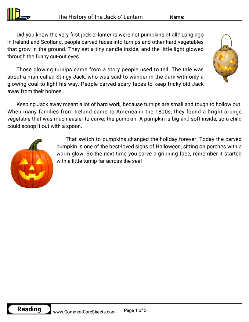 2nd Grade 31 Days of Halloween Reading - The History of the Jack-o'-Lantern worksheet